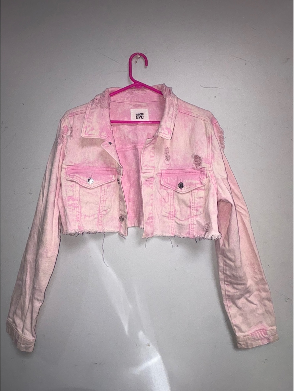 Madden NYC Pink Distressed Cropped Denim Jacket XXL